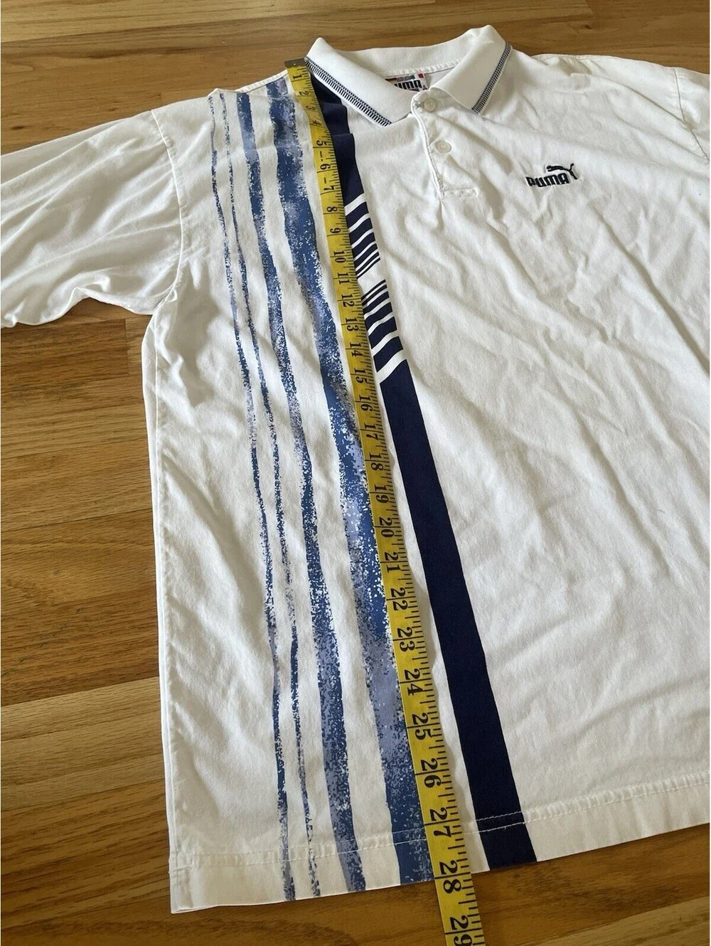 Puma 90S Tennis Polo Shirt Rare Size Large white W Blue Stripes